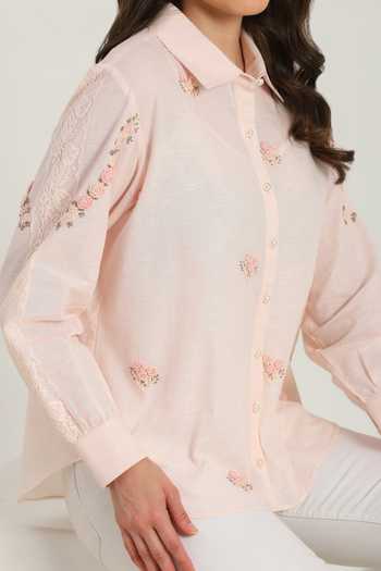 DAREISS_Pink Silk, Cotton Collared Neck Spring Hand Embroidered Shirt _at_Aza_Fashions