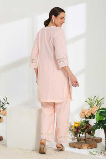 Shop_DAREISS_Pink Silk, Cotton V-neck Rosella Embroidered Kurta And Pant Set _at_Aza_Fashions