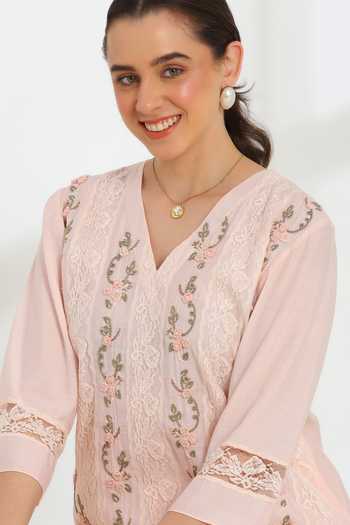 Buy_DAREISS_Pink Silk, Cotton V-neck Rosella Embroidered Kurta And Pant Set _Online_at_Aza_Fashions