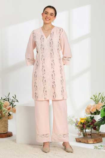 Buy_DAREISS_Pink Silk, Cotton V-neck Rosella Embroidered Kurta And Pant Set _at_Aza_Fashions