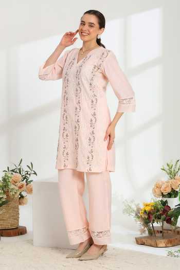 DAREISS_Pink Silk, Cotton V-neck Rosella Embroidered Kurta And Pant Set _at_Aza_Fashions