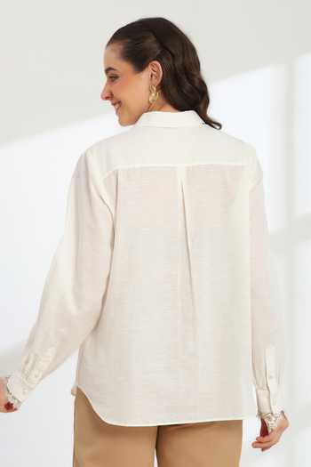 Shop_DAREISS_Beige Linen Collared Neck Moonlight Shirt _at_Aza_Fashions