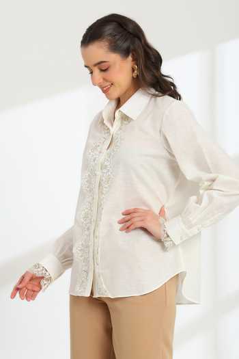 DAREISS_Beige Linen Collared Neck Moonlight Shirt _Online_at_Aza_Fashions