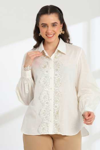 Buy_DAREISS_Beige Linen Collared Neck Moonlight Shirt _at_Aza_Fashions