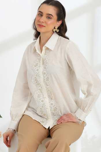Buy_DAREISS_Beige Linen Collared Neck Moonlight Shirt 