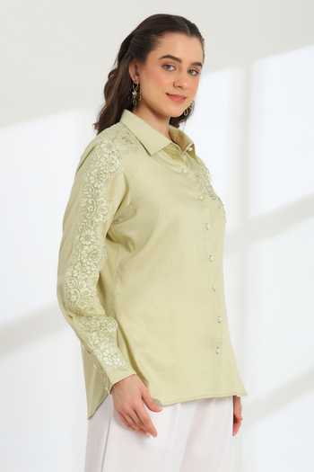 Buy_DAREISS_Green Cotton Collared Neck Hand Embroidered Shirt _Online_at_Aza_Fashions