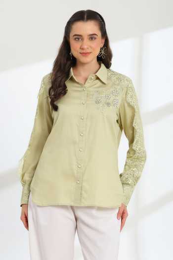 Buy_DAREISS_Green Cotton Collared Neck Hand Embroidered Shirt _at_Aza_Fashions