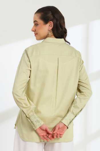 Shop_DAREISS_Green Cotton Collared Neck Hand Embroidered Shirt _at_Aza_Fashions