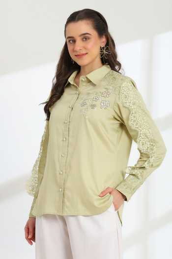 Shop_DAREISS_Green Cotton Collared Neck Hand Embroidered Shirt _Online_at_Aza_Fashions