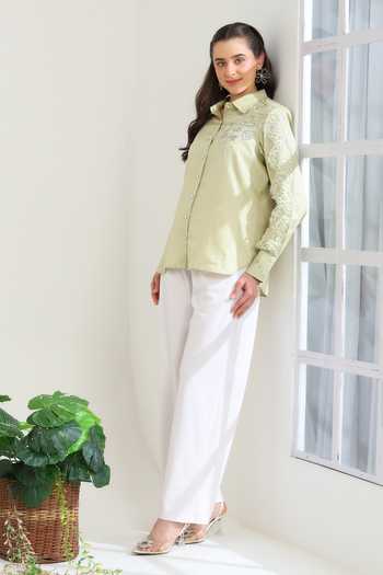 DAREISS_Green Cotton Collared Neck Hand Embroidered Shirt _at_Aza_Fashions