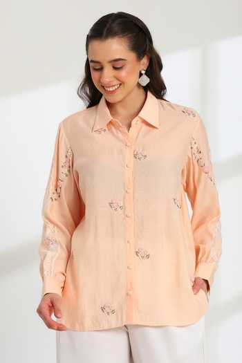 Buy_DAREISS_Peach Silk, Cotton Collared Neck Spring Hand Embroidered Shirt _at_Aza_Fashions