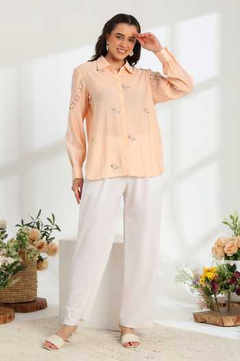 Shop_DAREISS_Peach Silk, Cotton Collared Neck Spring Hand Embroidered Shirt _Online_at_Aza_Fashions