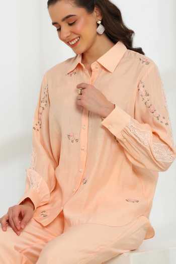 Buy_DAREISS_Peach Cotton, Silk Collared Neck Spring Embroidered Shirt And Pant Set _Online_at_Aza_Fashions