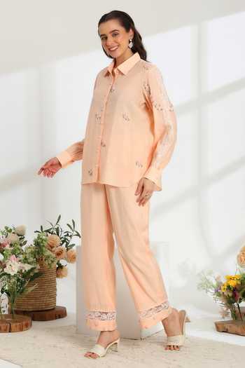 DAREISS_Peach Cotton, Silk Collared Neck Spring Embroidered Shirt And Pant Set _at_Aza_Fashions