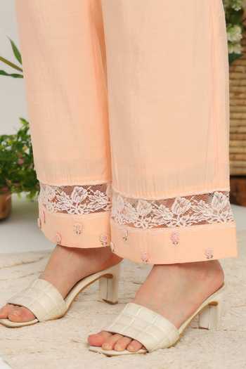 Shop_DAREISS_Peach Cotton, Silk Collared Neck Spring Embroidered Shirt And Pant Set 