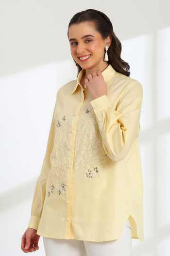 Buy_DAREISS_Yellow Cotton Collared Neck Hand Embroidered Shirt _Online_at_Aza_Fashions