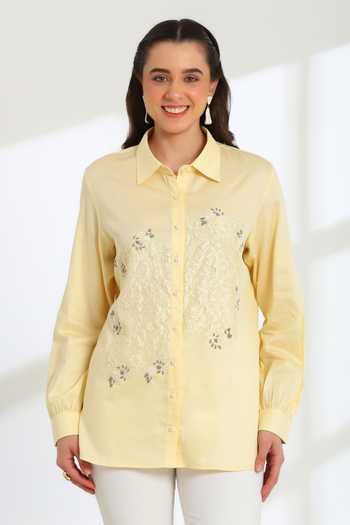 Buy_DAREISS_Yellow Cotton Collared Neck Hand Embroidered Shirt _at_Aza_Fashions