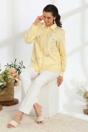 Shop_DAREISS_Yellow Cotton Collared Neck Hand Embroidered Shirt _Online_at_Aza_Fashions