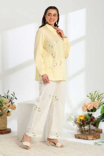 Buy_DAREISS_Yellow Cotton, Linen Collared Neck Hand Embroidered Shirt And Pant Set _Online_at_Aza_Fashions