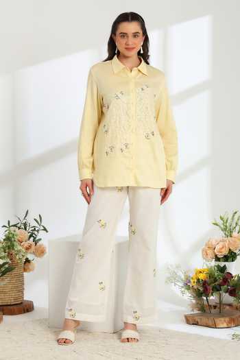 Buy_DAREISS_Yellow Cotton, Linen Collared Neck Hand Embroidered Shirt And Pant Set _at_Aza_Fashions