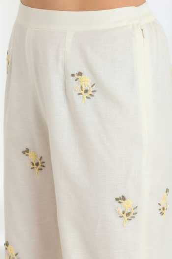 Buy_DAREISS_Yellow Cotton, Linen Collared Neck Hand Embroidered Shirt And Pant Set 