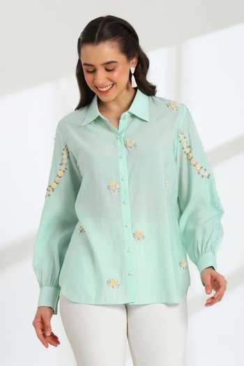 Buy_DAREISS_Blue Silk, Cotton Collared Neck Spring Shirt _at_Aza_Fashions