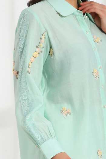Shop_DAREISS_Blue Silk, Cotton Collared Neck Spring Shirt _at_Aza_Fashions