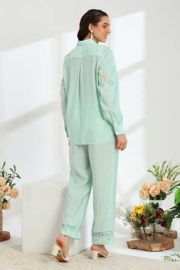 Shop_DAREISS_Blue Silk, Cotton Collared Neck Spring Shirt And Pant Set _at_Aza_Fashions