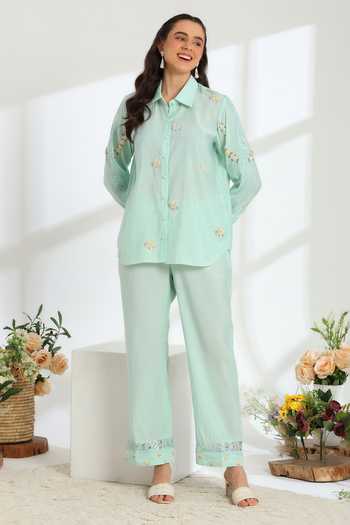 DAREISS_Blue Silk, Cotton Collared Neck Spring Shirt And Pant Set _at_Aza_Fashions