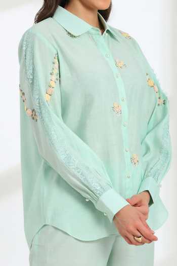 Buy_DAREISS_Blue Silk, Cotton Collared Neck Spring Shirt And Pant Set 