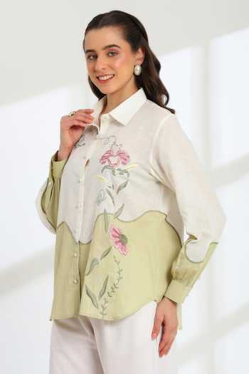 DAREISS_Green Silk, Linen Collared Neck Ether Embroidered Shirt _Online_at_Aza_Fashions