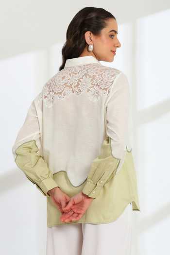 Shop_DAREISS_Green Silk, Linen Collared Neck Ether Embroidered Shirt _at_Aza_Fashions