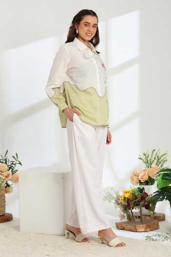 Shop_DAREISS_Green Silk, Linen Collared Neck Ether Embroidered Shirt _Online_at_Aza_Fashions