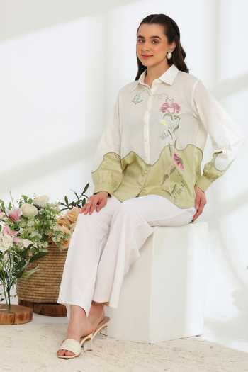 DAREISS_Green Silk, Linen Collared Neck Ether Embroidered Shirt _at_Aza_Fashions