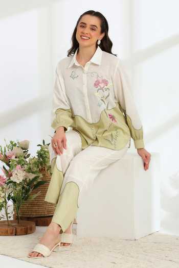 Shop_DAREISS_Beige Silk, Linen Collared Neck Ether Shirt And Pant Set _Online_at_Aza_Fashions