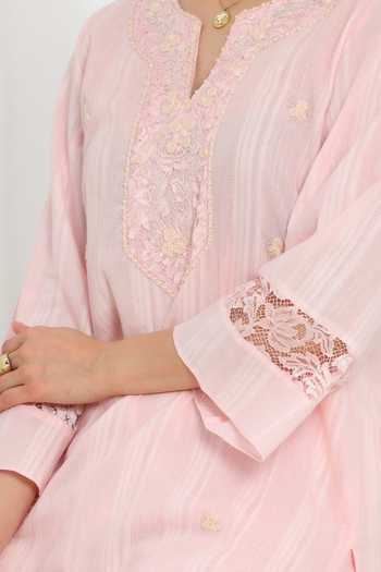 DAREISS_Pink Cotton, Lurex Split V-neck Silvaire Hand Embroidered Kurta And Pant Set _Online_at_Aza_Fashions