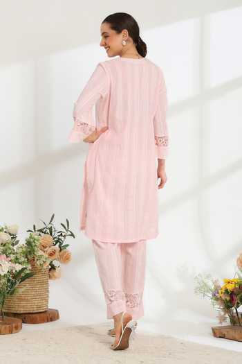Shop_DAREISS_Pink Cotton, Lurex Split V-neck Silvaire Hand Embroidered Kurta And Pant Set _at_Aza_Fashions