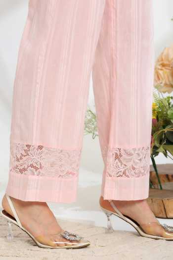DAREISS_Pink Cotton, Lurex Split V-neck Silvaire Hand Embroidered Kurta And Pant Set _at_Aza_Fashions