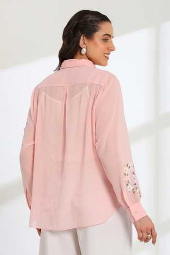 Shop_DAREISS_Pink Cotton Collared Neck Hand Embroidered Shirt _at_Aza_Fashions