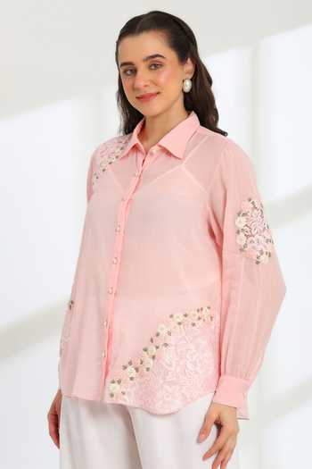DAREISS_Pink Cotton Collared Neck Hand Embroidered Shirt _Online_at_Aza_Fashions