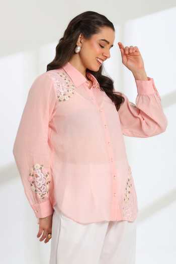 Buy_DAREISS_Pink Cotton Collared Neck Hand Embroidered Shirt _Online_at_Aza_Fashions