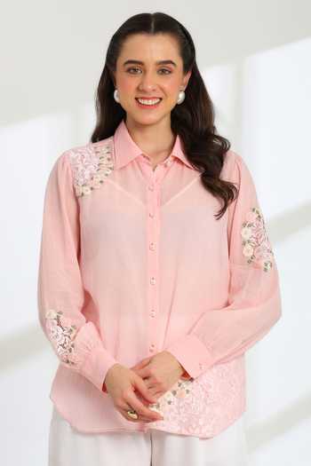 Buy_DAREISS_Pink Cotton Collared Neck Hand Embroidered Shirt _at_Aza_Fashions