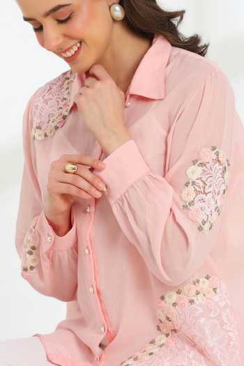 DAREISS_Pink Cotton Collared Neck Hand Embroidered Shirt _at_Aza_Fashions