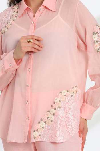 Buy_DAREISS_Pink Cotton Collared Neck Hand Embroidered Shirt 