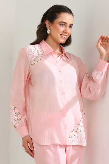 DAREISS_Pink Cotton, Linen Hand Embroidered Top And Pant Set _Online_at_Aza_Fashions