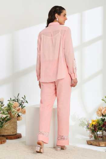 Shop_DAREISS_Pink Cotton, Linen Hand Embroidered Top And Pant Set _at_Aza_Fashions