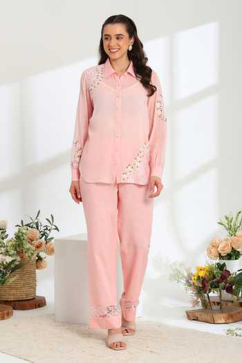 Buy_DAREISS_Pink Cotton, Linen Hand Embroidered Top And Pant Set _at_Aza_Fashions