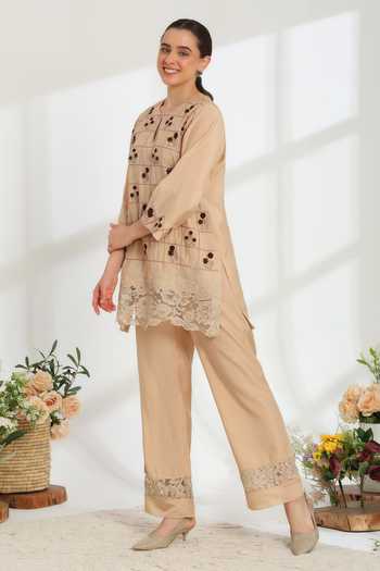 Buy_DAREISS_Beige Silk, Cotton Round Neck Embroidered Kurta And Pant Set _at_Aza_Fashions