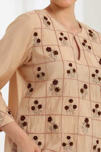 Shop_DAREISS_Beige Silk, Cotton Round Neck Embroidered Kurta And Pant Set _Online_at_Aza_Fashions