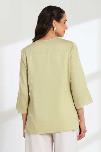 Shop_DAREISS_Green Cotton Split V-neck Jade Blossom Embroidered Top _at_Aza_Fashions